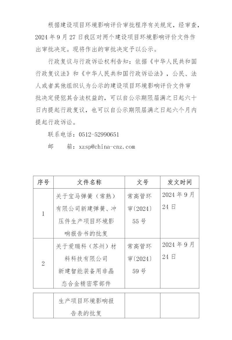 2024年9月24日常熟高新技术产业开发区关于宝马弹簧、爱瑞科相关项目环境影响报告表的批复_01.jpg